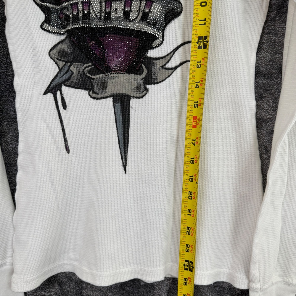 Sinful by Affliction Womens White Thermal Shirt Medium Rose‎ Skull Rhinestone - Picture 8 of 8